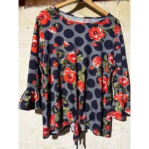 JM Fleurette Women's XLarge Navy Red Floral Polka Dot Tie Front Bell Sleeve Top